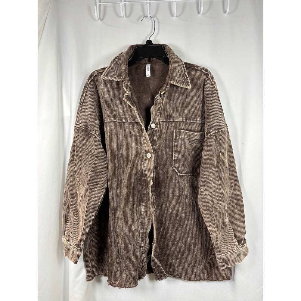 Zenana Women Brown Mineral Wash Corduroy Shacket Oversized Jacket Large